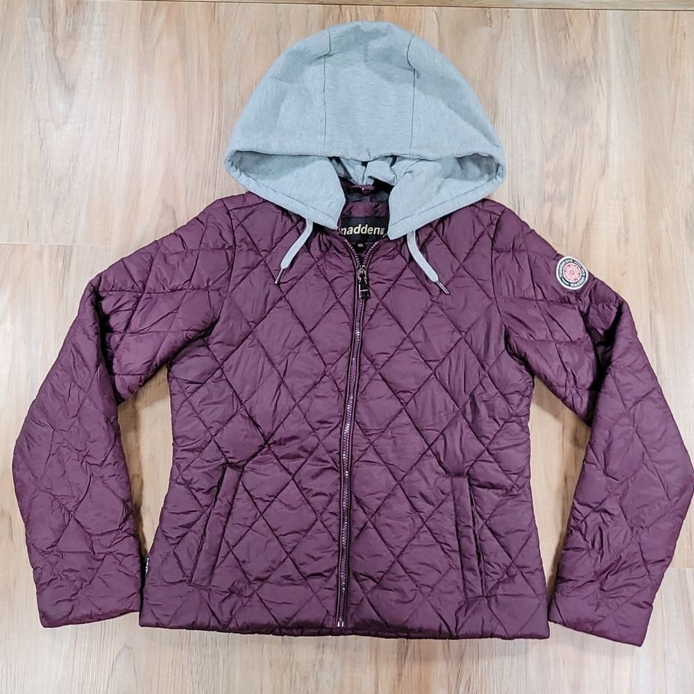 🔹️Madden NYC Plum Quilted Puffer w/Detachable Gray Jersey Hooded Jacket Medium